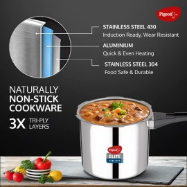 Pigeon Elite Shine 2 Litre Tri-Ply Body Outer Lid Pressure Cooker Induction and Gas Stove Compatible (Stainless Steel, Silver)